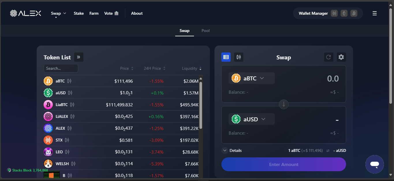 ALEX Exchange DeFi interface