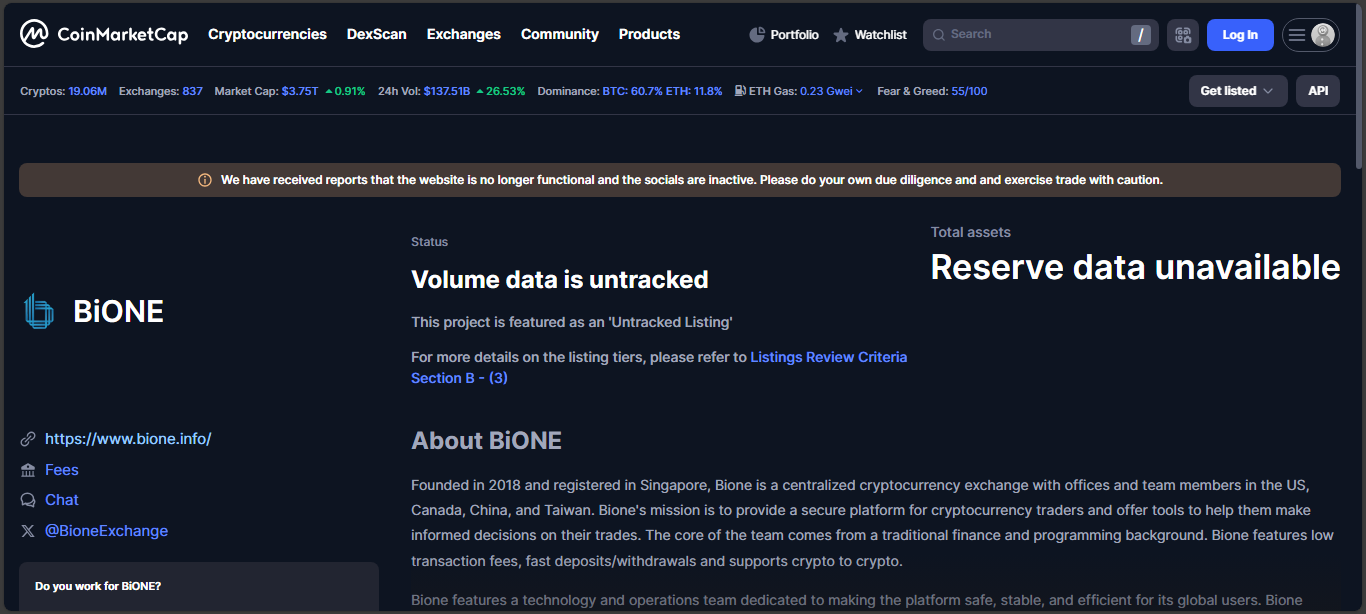 BiONE Singapore crypto exchange that vanished without warning