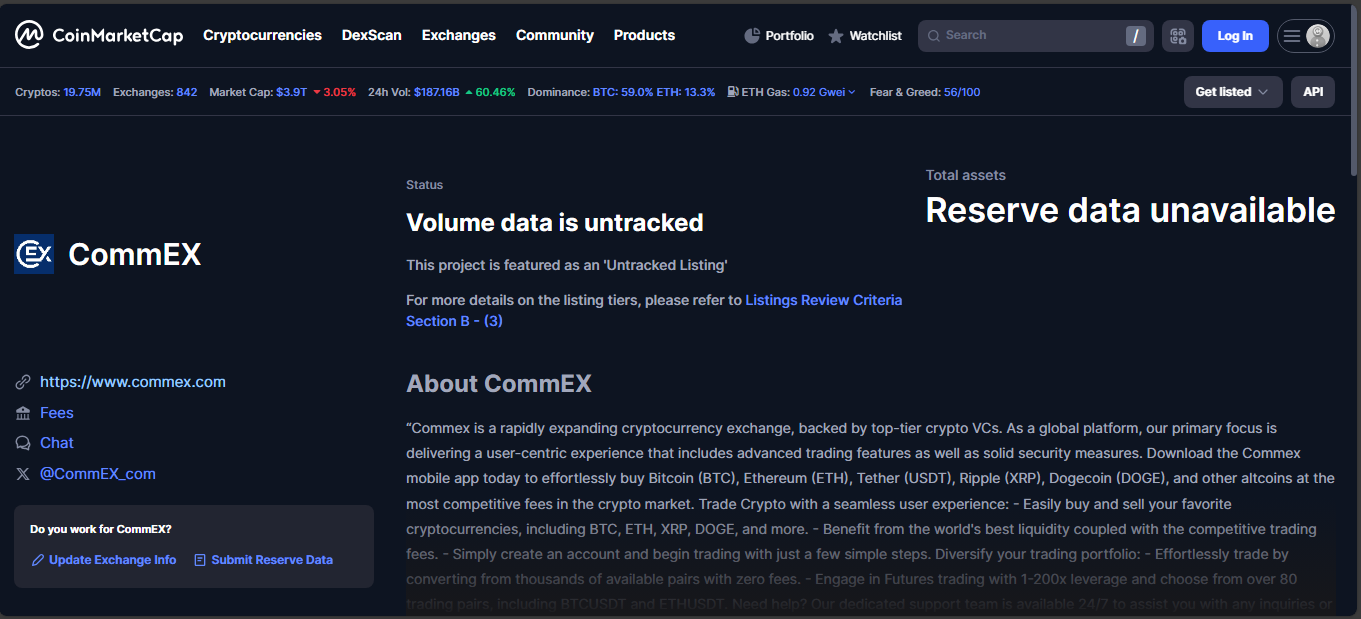 CommEX centralized crypto exchange