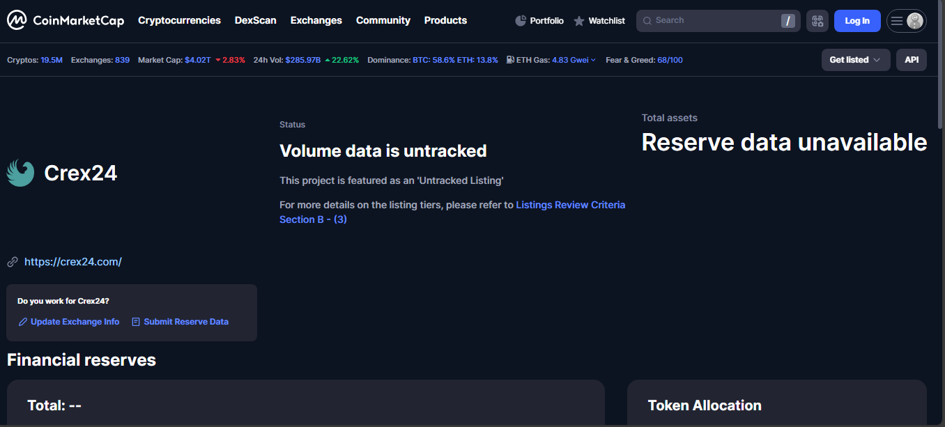 Crex24 crypto exchange platform with fiat, faucets and altcoins