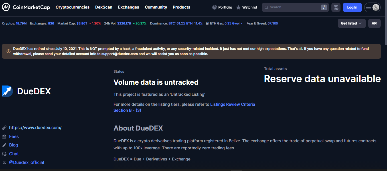 DueDex crypto exchange platform