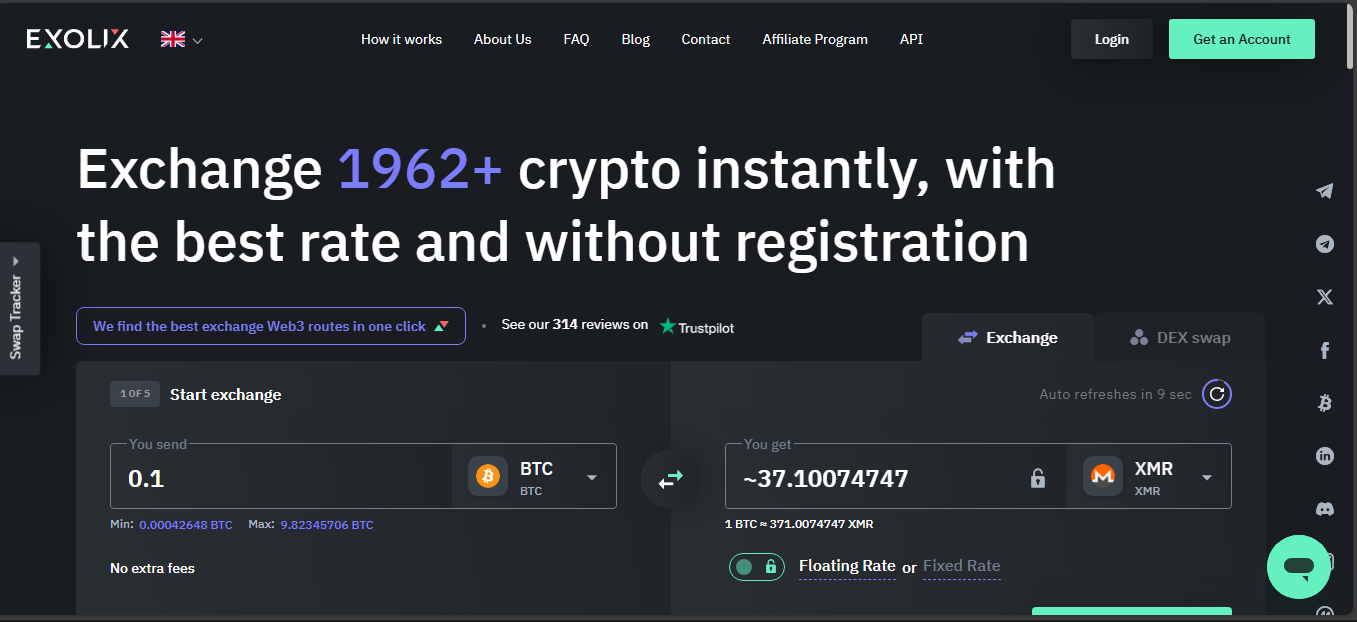 Exolix non-custodial swap service with no activity