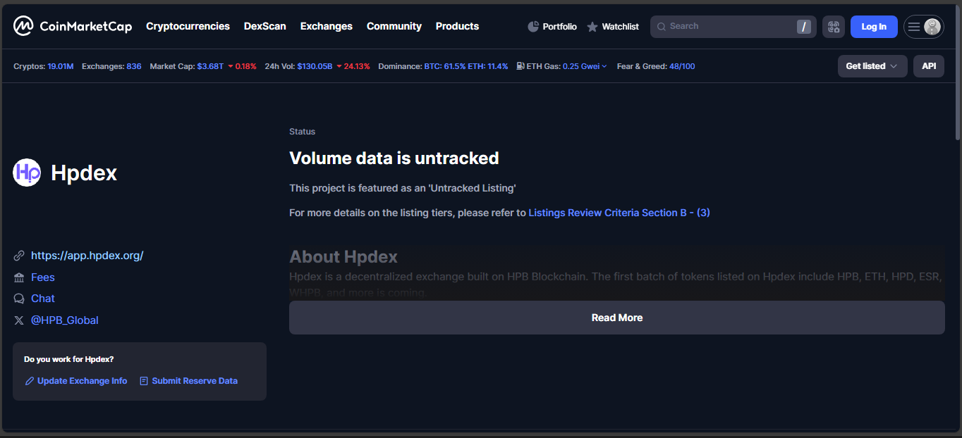 HPDEX decentralized exchange on HPB with no activity