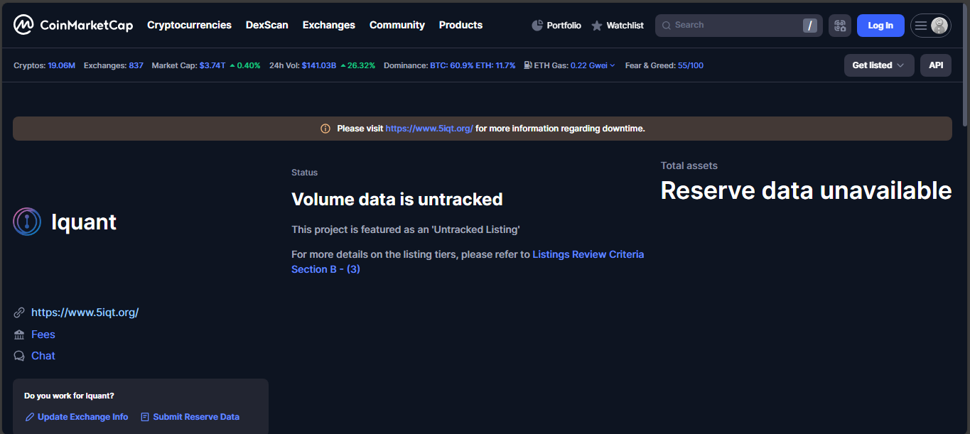 Iquant centralized exchange with untracked status and low trust