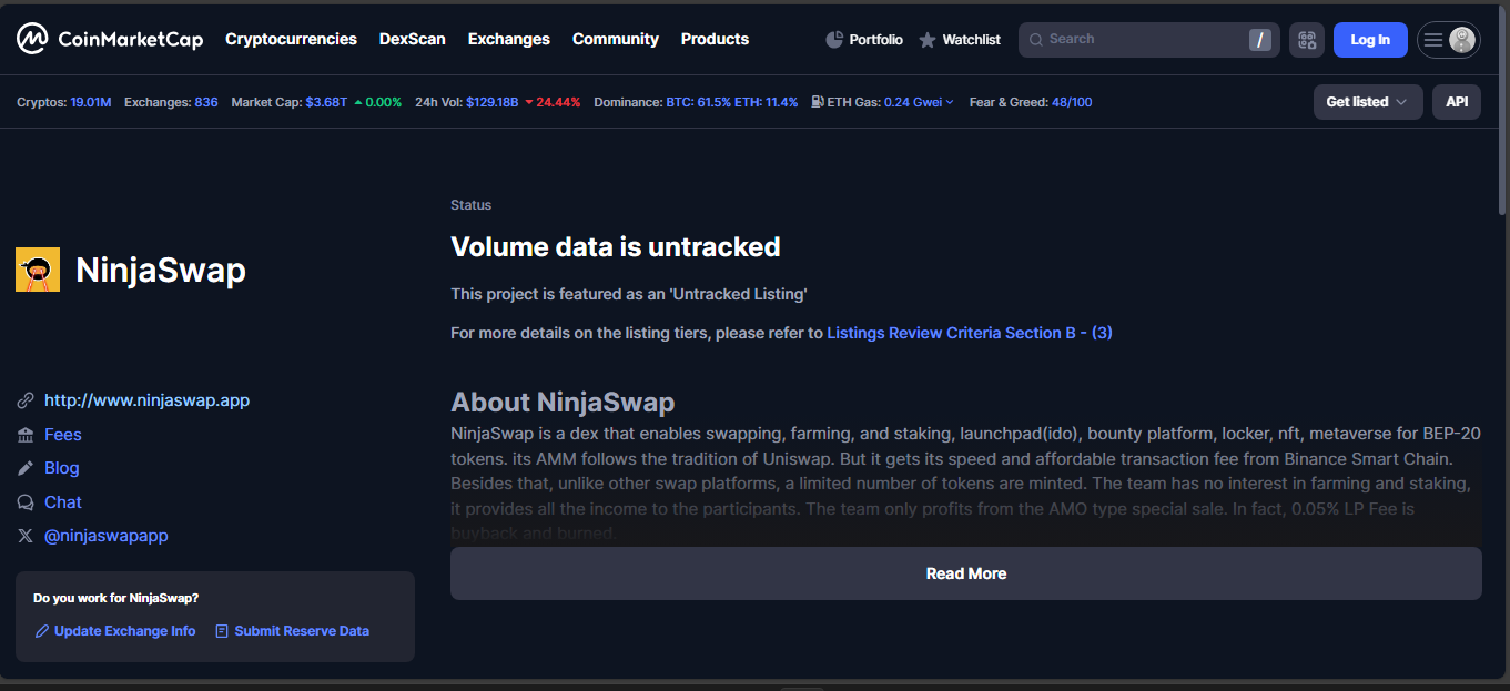 NinjaSwap BSC DEX with NFTs and low activity