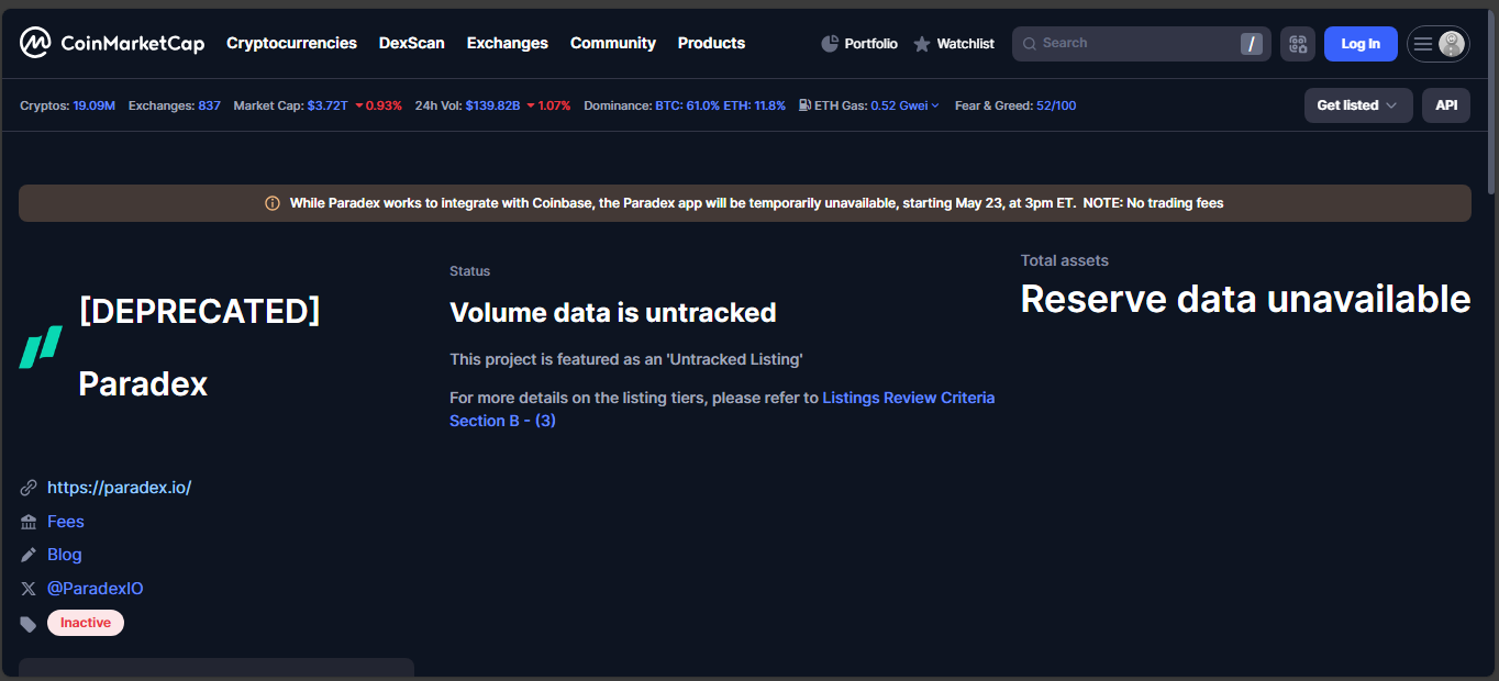 Paradex Ethereum-based DEX with almost no liquidity in 2025