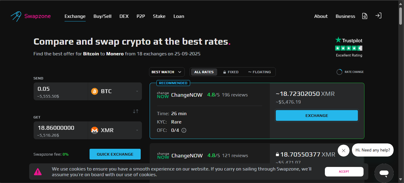 Swapzone crypto swap aggregator interface