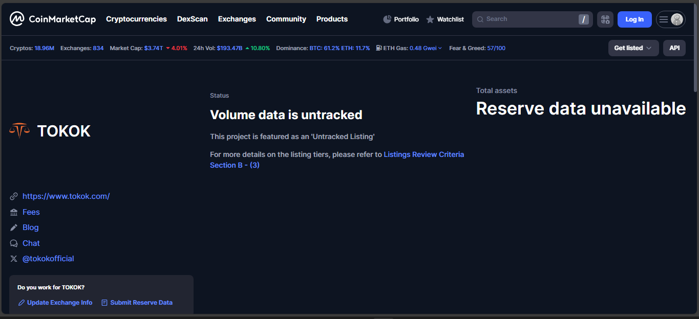 TOKOK inactive crypto exchange with user complaints