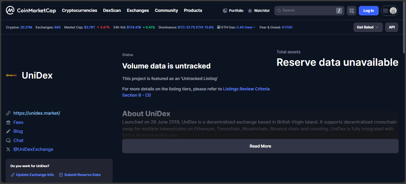 UniDex crypto exchange platform