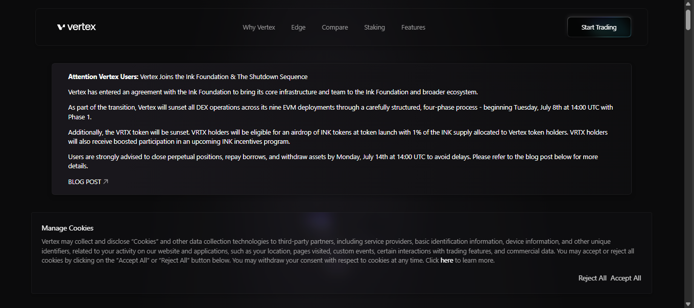 Vertex Protocol hybrid Arbitrum DEX shutting down