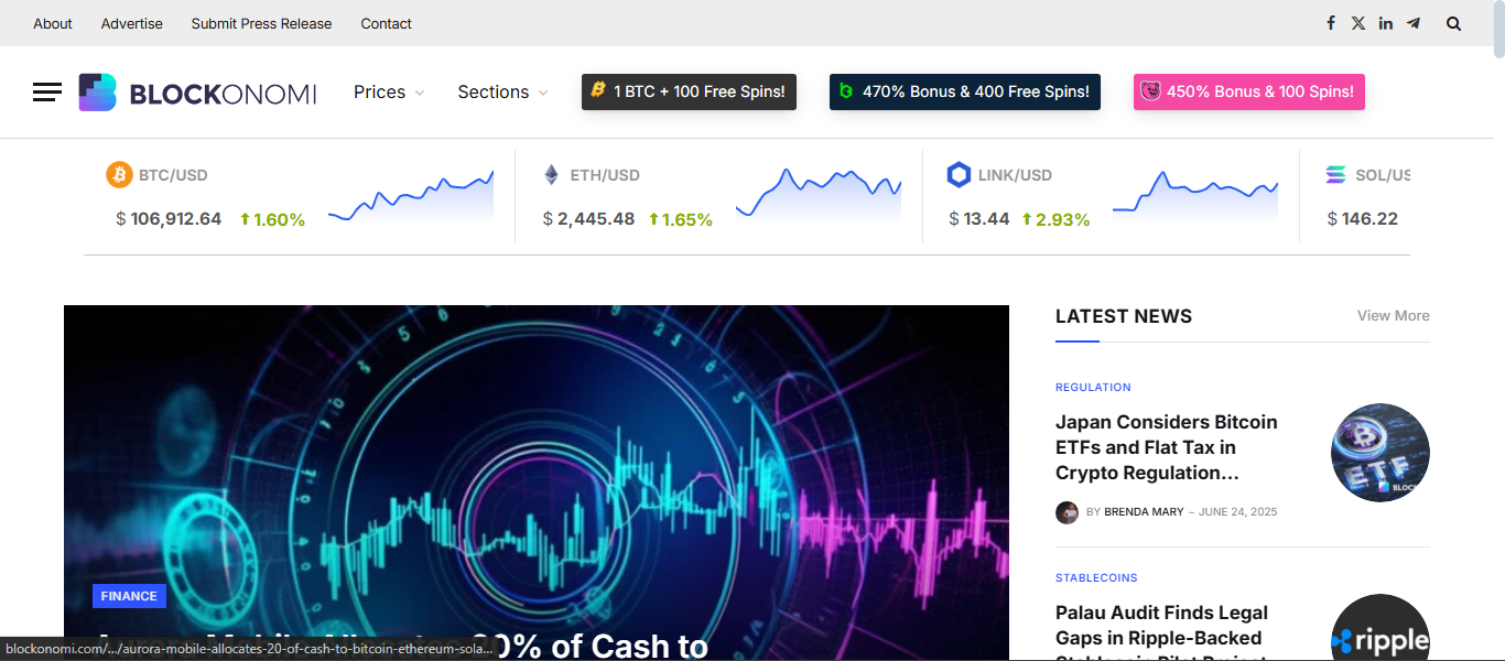 Blockonomi homepage with token explainers, blockchain guides and Web3 articles