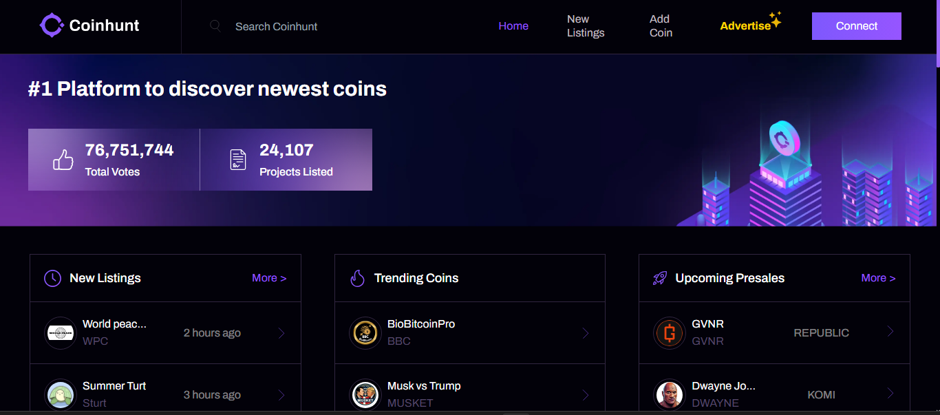 Coinhunt interface and token voting preview