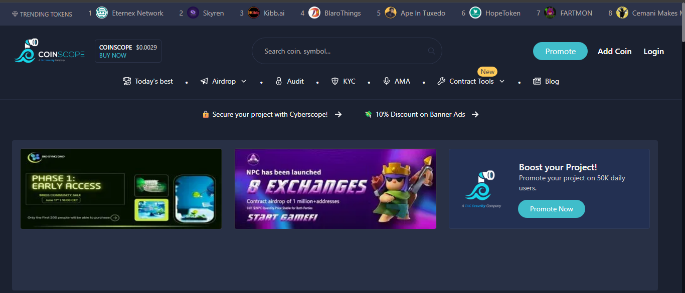 CoinScope interface and token listing preview