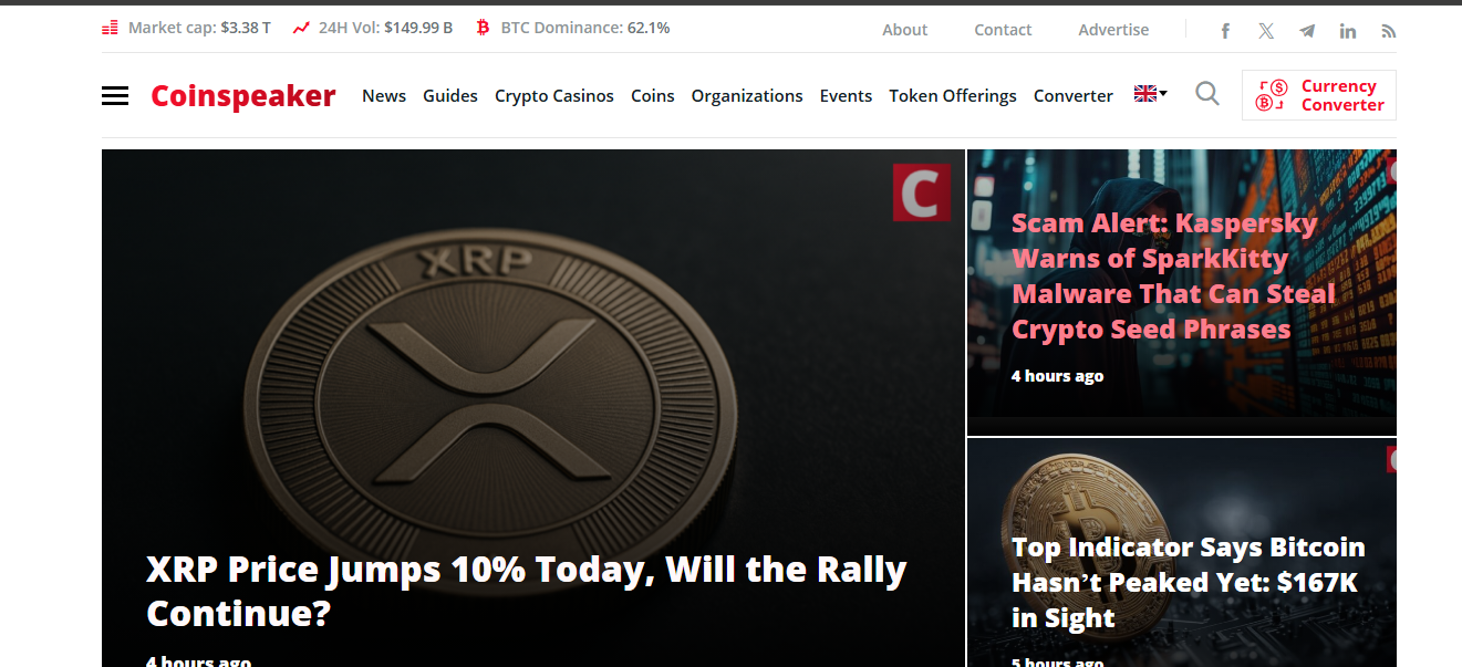 CoinSpeaker website interface with daily crypto news and market sections