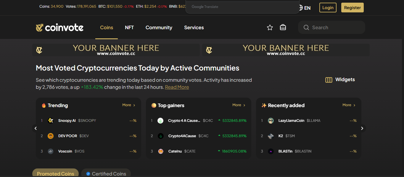 Coinvote interface and token voting preview