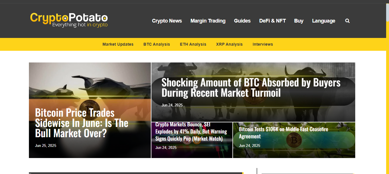 CryptoPotato homepage with Bitcoin price charts, market news and trading analysis