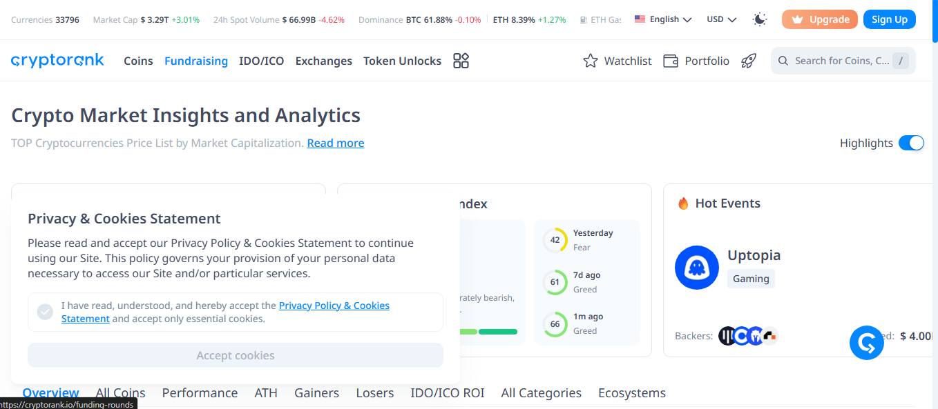 CryptoRank interface and token data view