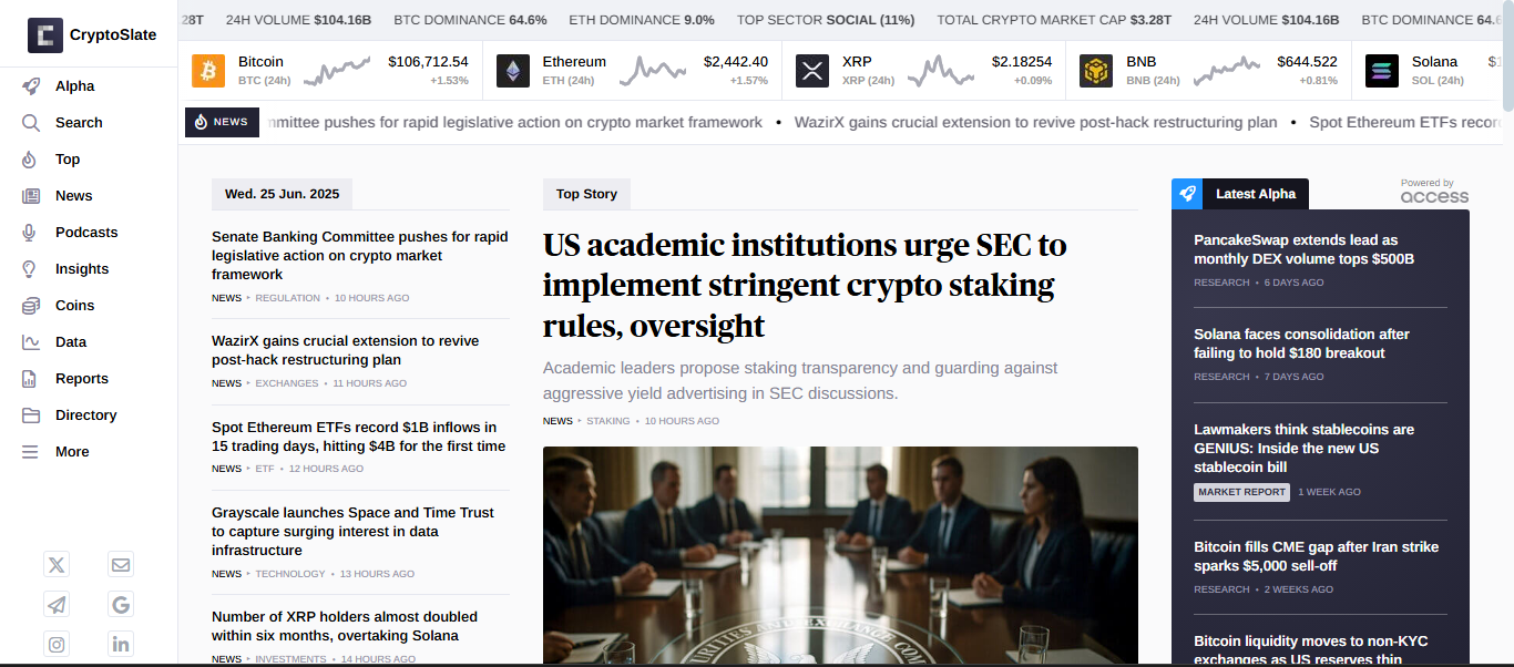 CryptoSlate dashboard showing token profiles, funding rounds, and ecosystem filters