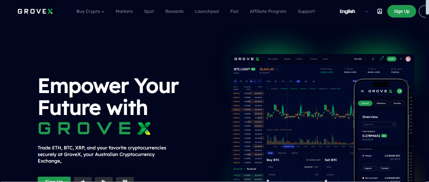 Grovex crypto trading dashboard with live order book