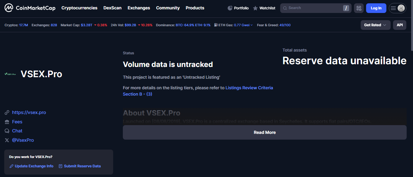 Vsex Pro minimal trading dashboard showing basic spot pairs